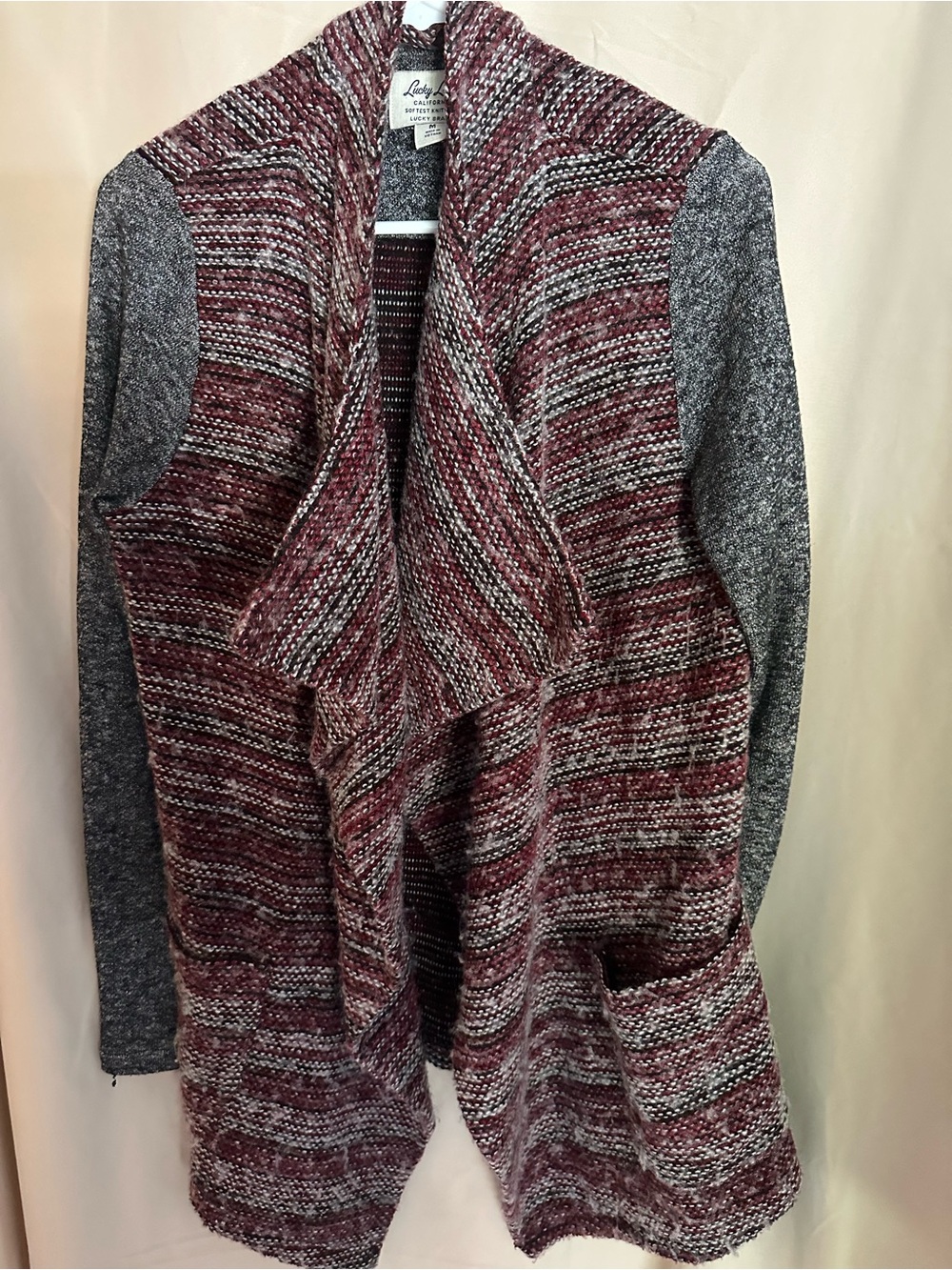 Lucky Brand Maroon & Gray Open-Front Striped Knit Cardigan